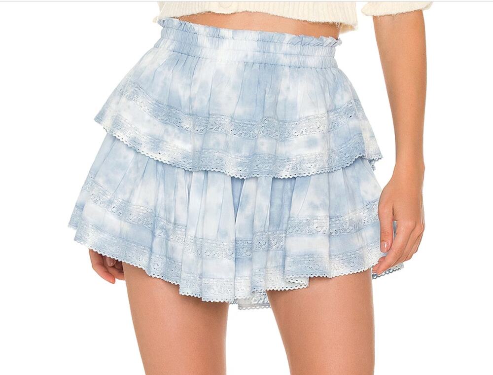 LoveShackFancy Blue Ruffle Mini Skirt – Tiered Lace Trim – Coquette Cottagecore